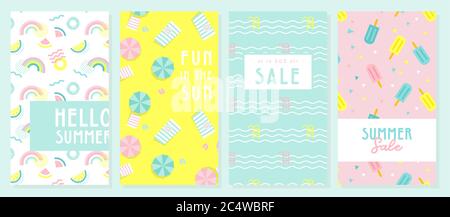 Design banner and card for summer season. Abstract geometric background with summer fruit, tropical leafs and beach scene. summer sale and summer text Stock Vector