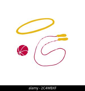 Hoop, jump rope, ball icons. Simple hand drawn icon set. Vector flat graphic Stock Vector