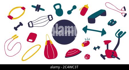 Simple icons of sports goods and accessories. Fitness at home, home workout. Flat vector illustration Stock Vector