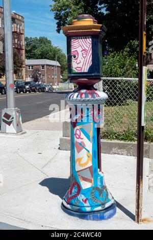 A beautifully decorated fire alarm box in Flushing, Queens, New York City. Stock Photo