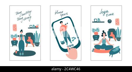 Home Sport. Set of vertical web banner. Training at home, online workout, sport application concept. Flat vector graphic Stock Vector