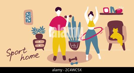 Happy family sport activity. Wife and husband doing morning exercising at home. Man and woman fitness workout exercise. Flat vector graphic Stock Vector