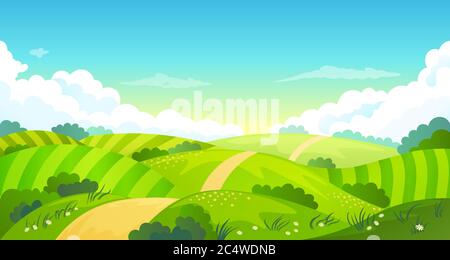 Colorful summer bright fields landscape, green grass, clear blue sky ...