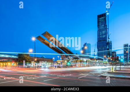 Vauxhall Interchange from north east with development of Nine Elms in background. Vauxhall Cross Transport Interchange, Vauxhall, United Kingdom. Arch Stock Photo