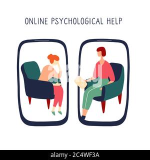 Girl at session with psychologist talks about her problems. Online consultation of psychotherapist. Psychological treatment. Linear vector Stock Vector