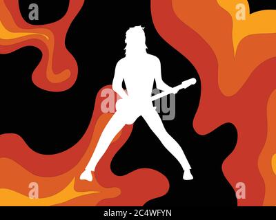 White Silhouette Of Rock Star Playing Guitar Over Abstract Psychedelic Red Orange Yellow And Black Background Stock Vector