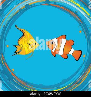 Hand Drawn Cartoons Style Cute Colourful Tropical Fishes Over Abstract Vortex Spinning Water And Bubbles Background Stock Vector