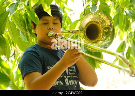 Playing the trombone, Stock Photo