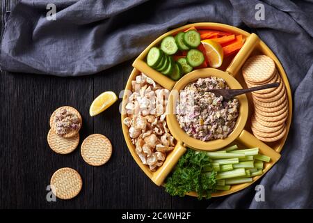 Tuna capers pickles Spread set served with carrots and celery sticks, sliced fresh cucumber, crackers and pork rinds in bowls on a dark wooden table, Stock Photo