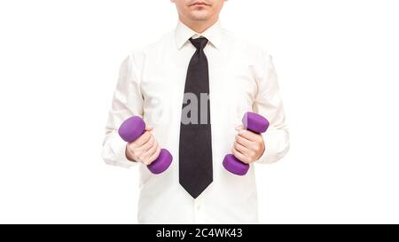 faceless male businessman in white shirt with tie holds dumbbells in his hands, concept on theme of skill upgrading of business workers isolated on wh Stock Photo