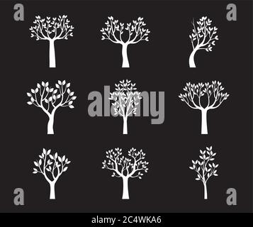 Set white Trees with Leaves on black background. Vector outline Illustration. EPS file. EPS file. Stock Vector