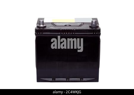 Car battery, acid battery 12 volts supply, black color isolated on white background. Stock Photo