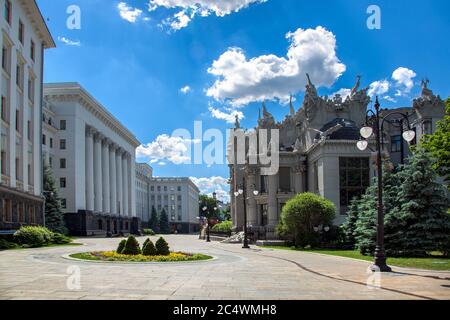 KIEV, UKRAINE - June 4, 2018:  Building of Presidential Administration of Ukraine and House with Chimaeras in Kiev. Stock Photo