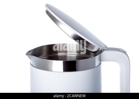 White electric kettle open lid with plastic body and stainless metal bulb close-up isolated on white background. Stock Photo