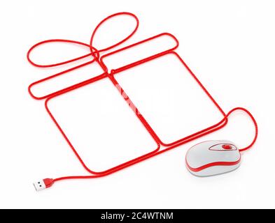 Mouse connected to cord forming giftbox shape. 3D illustration. Stock Photo