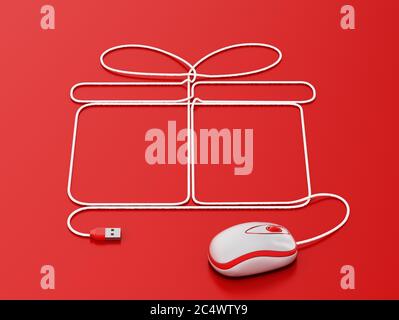 Mouse connected to cord forming giftbox shape. 3D illustration. Stock Photo