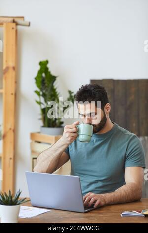 Vertical portrait of handsome bearded man using laptop while sitting at desk in home interior decorated with houseplants Stock Photo