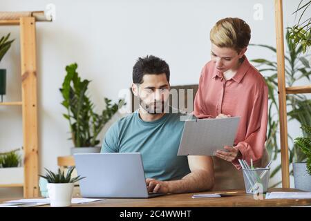 Portrait of female assistant showing documents to handsome bearded man working at desk in modern office interior Stock Photo