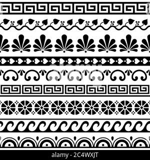 Greek key pattern, waves and geometric seamless vector design set - ancient in black and white Stock Vector