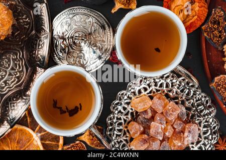 Two cups of coffee with traditional turkish desserts Stock Photo