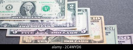 background with american dollar bills with different values Stock Photo