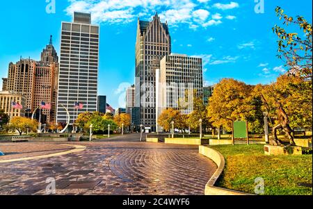 Downtown Detroit from Hart Plaza. USA Stock Photo