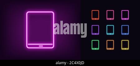 Neon tablet icon. Glowing neon tablet sign, set of isolated device in different vivid colors. Bright icon, sign, symbol for UI design. Mobile device a Stock Vector