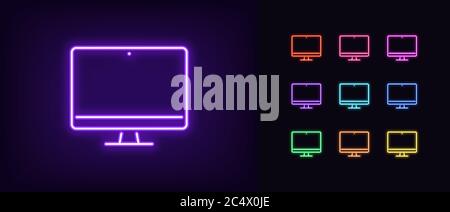 Neon monitor icon. Glowing neon computer sign, set of isolated display device in different vivid colors. Bright icon, sign, symbol for UI design. Desk Stock Vector