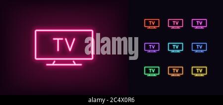Neon tv icon. Glowing neon television sign, set of isolated widescreen tv display in different vivid colors. Bright icon, sign, symbol for UI design. Stock Vector