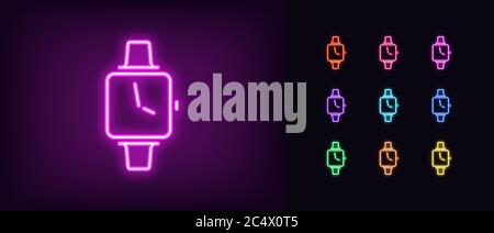 Neon smart watch icon. Glowing neon smartwatch sign, set of isolated wristwatch in different vivid colors. Bright icon, sign, symbol for UI design. Sm Stock Vector