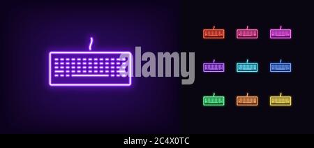 Neon keyboard icon. Glowing neon keyboard sign, set of isolated gaming device in different vivid colors. Bright icon, sign, symbol for UI design. Gadg Stock Vector