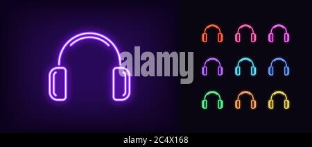 Neon headphones icon. Glowing neon earphone sign, set of isolated wireless headphones in different vivid colors. Bright icon, sign, symbol for UI desi Stock Vector