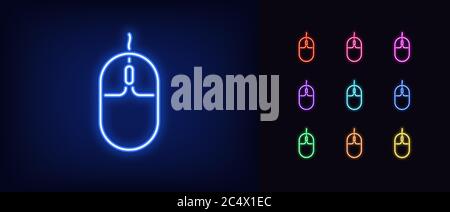 Neon computer mouse icon. Glowing neon mouse sign, set of isolated gaming mouse device in different vivid color. Bright icon, sign, symbol for UI desi Stock Vector