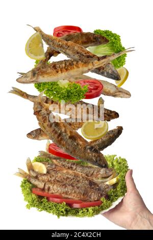 flying fried fish falls into the plate. Osmerus eperlanus. Fried fish with lettuce, lemon and tomatoes. Stock Photo