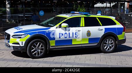 Swedish Polis (police) car parked in central street in Stockholm ...