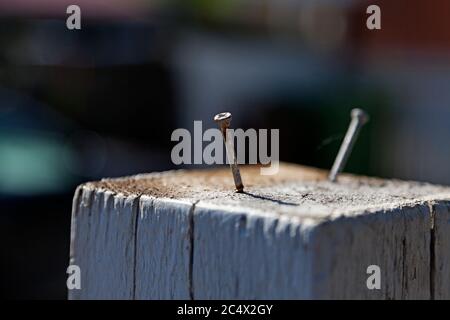 two screws sticking up from a fence on Haga Stock Photo