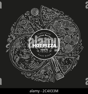 Hand drawn pizza banner. Vector Italian pizza illustrations on chalk board. Retro fast food background Stock Vector