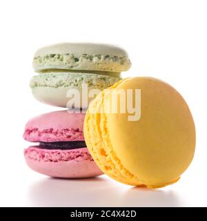 Three macaroons on white background. Stock Photo