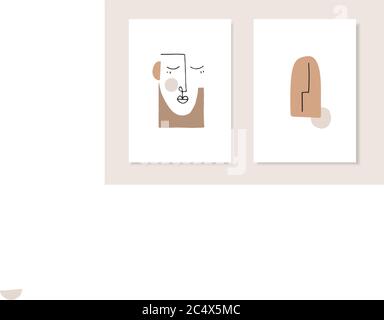 Vector set of artistic templates, invitations. Illustrations of sleeping female portrait with closed eyes in minimal linear style. Modern cubism art Stock Vector