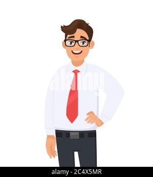 Portrait of confident handsome young businessman in white shirt and red tie, standing against white background. Human emotion and businessman concept Stock Vector
