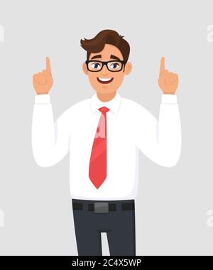 Portrait of young happy businessman pointing hand index fingers up, concept of advertisement product,introduce something. Human emotion concept Stock Vector