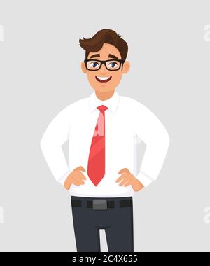 Portrait of young businessman in white shirt and red tie, holding hand on hip, standing against gray/grey background. Human emotion and businessman co Stock Vector