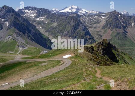 Mountain landscape at Col du Tourmalet. It is the highest paved mountain pass in the French Pyrenees, at 2115 m. Stock Photo