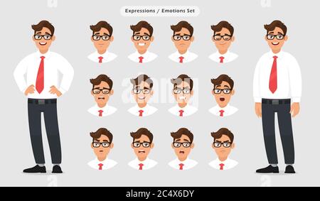 Set of male different facial expressions. Man emoji character with various face reaction/emotion, wearing formal dress, tie and eyeglasses. Human emot Stock Vector