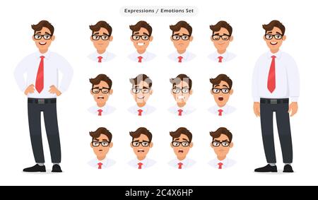 Set of male's different facial expressions. Man emoji character with various face reaction/emotion, wearing formal dress, tie and eyeglasses. Human em Stock Vector