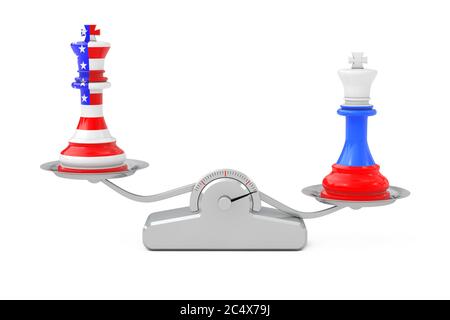 US America and Russia Kings Chess over Simple Balance Scale on a white background. 3d Rendering Stock Photo