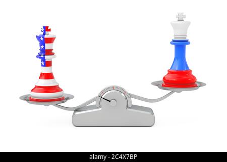 US America and Russia Kings Chess over Simple Balance Scale on a white background. 3d Rendering Stock Photo