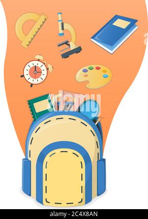 Concept poster back to school, supplies for study in college and institute isolated on white, cartoon vector illustration. Backpack with item alarm, t Stock Vector