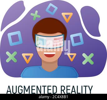 Male character in virtual reality glasses, modern technology augmented reality isolated on white, flat vector illustration. Future hardware stuff, man Stock Vector