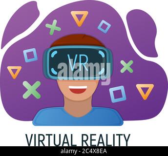 Male character in virtual reality glasses, modern technology augmented reality isolated on white, flat vector illustration. Future hardware stuff, man Stock Vector